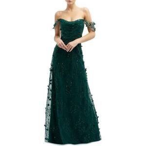 Dessy Collection 3D Embroidered Green Off The Shoulder Gown Size 10